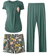 SUNNYBUY Womens Maternity Nursing Pajamas Set, Short Sleeve Breastfeeding Shirts，Pregnancy Shorts...