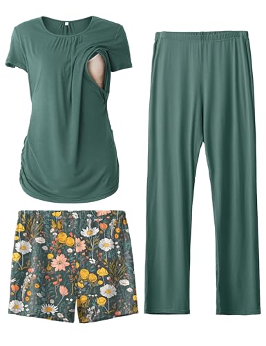 Image of SUNNYBUY Womens Maternity Nursing Pajamas Set, Short Sleeve Breastfeeding Shirts,Pregnancy Shorts & Pants 3 Piece Nursing PJS