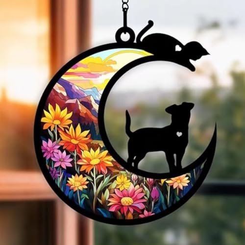 Cat Memorial Suncatcher,Cat Memorial Gifts for Loss of Cat Remembrance Gifts Stained Glass Window Hanging，Gifts for Cat Lovers, Christmas Halloween Cat Ornament Window Hangings