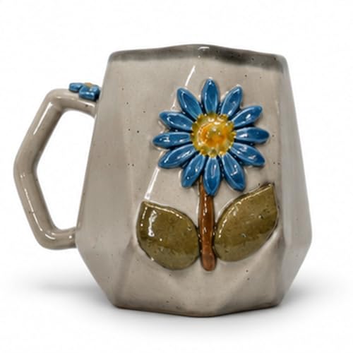 Image of Handmade Ceramic Coffee Mug with 3D Blue Daisy Flower, Handpainted Pottery Tea Cup, Microwave Safe, Dishwasher Safe, BPA Free, 240ml Floral Mug for Coffee Tea & Beverages