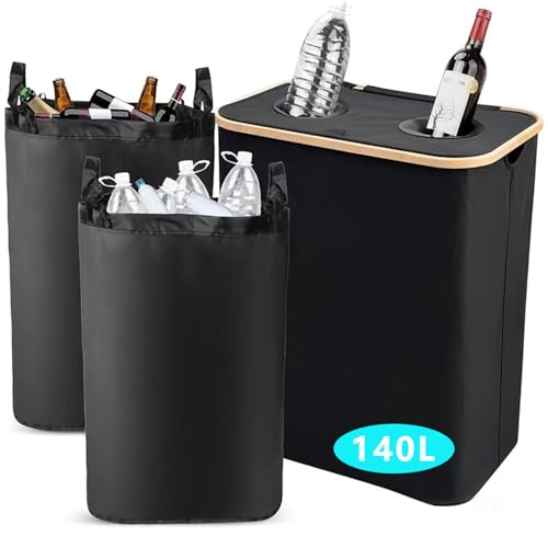 Deposit Bottles Collection Container with Lid, 140 L Deposit Bottles Container with Lid, Container Empty & Waste Glass Storage, Kitchen Bin Including 2 Carry Bags, Bottle Collector with Hole for