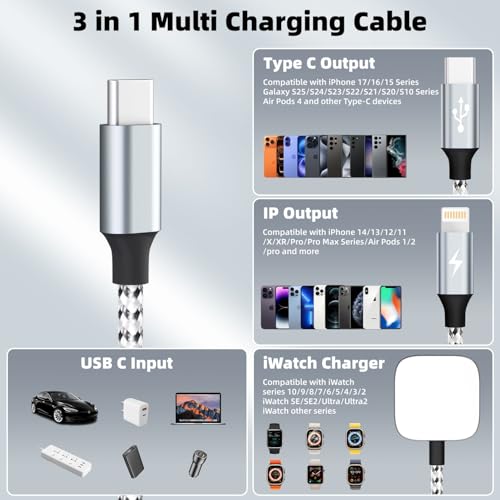 Image of Travel Essentials 3in1 USB C Multi Charging Cable for iPhone Watch Charger,USB C to Type C /IP /iWatch Charger, Charging Cords for Multiple Devices Compatible with iWatch Series&iPhone 16-12 5FT
