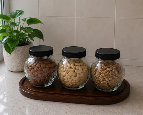Image of Designer Transparent Glass Storage Jar with Black Plastic Airtight Lid, 900 ML Food Grade Kitchen & Pantry Storage Container, Size 8 X 14 X 14 cm, Ideal for Pulses, Dry Fruits, Pack Of 3