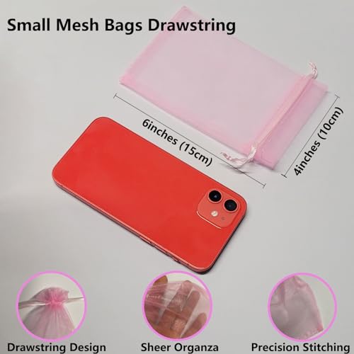 Image of SIAGCRAW Organza Bags 4 inchx6 inch, 100Pcs Small Mesh Drawstring Pouches | Pink Organza Bags for Jewelry, Candy, Party Favors, Small Sachet Wrap, Storage Supplies