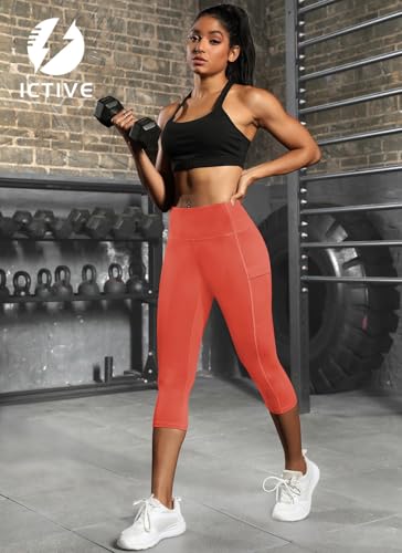 Fihapyli ICTIVE Women's Capris Yoga Pants with Pockets Running Pilates Fitness Running High Waisted Leggings Coral S — view 6