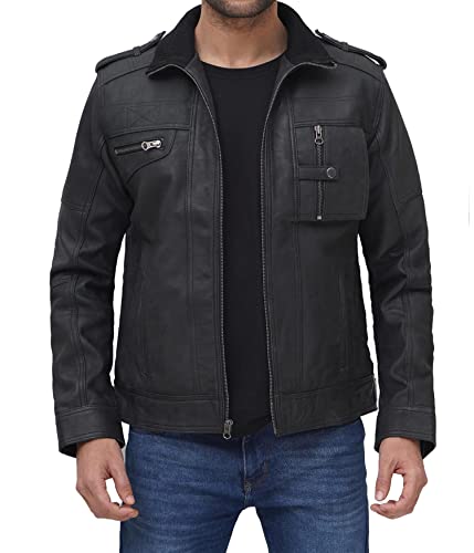 Fjackets Real Lambskin Leather Jackets For Men - Tavares Distressed Black Disc | [1108765] XL