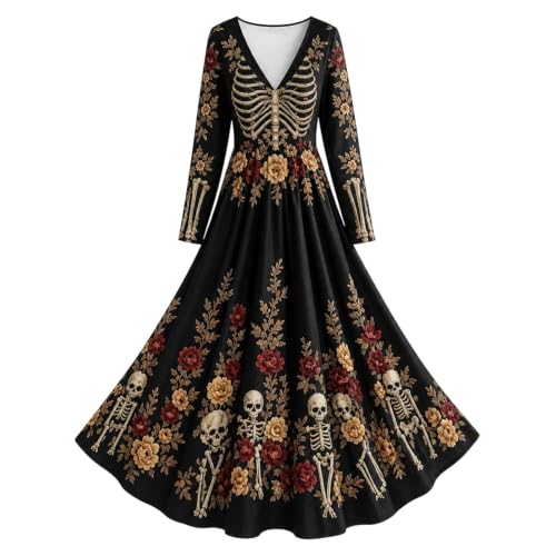 Halloween Costumes For Women Skeleton Dress Long Sleeve V Neck Maxi Dresses - image 3