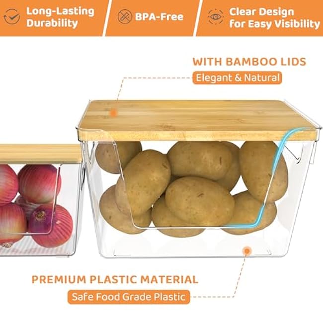 2 Set Pantry Organizer Storage, Stackable Kitchen Storage Bins with Lid & Handle, Clear Plastic Containers for Potato, Onion, Garlic, Fruit, Vegetable, Produce