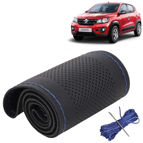 Image of KINGSWAY PU Leatherite Car Steering Cover Sewable Compatible with Renault Kwid (Year 2015-2018), Black Color with Blue Thread, Pack of 1 with Sewing Needle and Thread