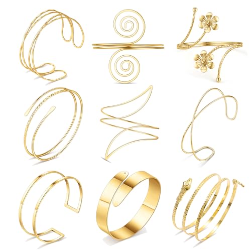 9PCS Gold Arm Cuff Jewelry for Women Upper Arm Cuff Bangle Band Armlet Adjustable Arm Gold Cuff Bracelet Set