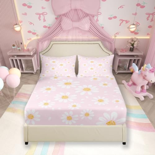 White Daisy Kids Fitted Sheet Twin Size,Flowers Plants Rustic Farmhouse Bedding Set,Girls Boys Adults Room Decor,Botanical Florals Theme Bed Cover,Pink Romantic Bed Sheet,1 Pillowcase?Not Flat Sheet?