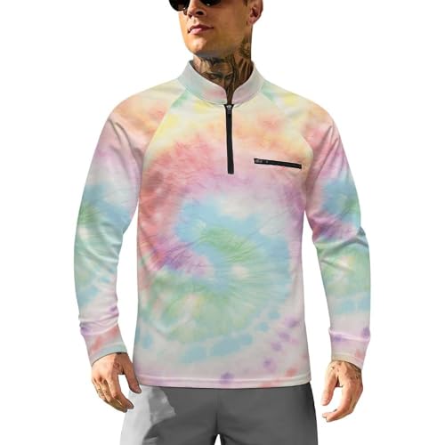 Mens Long Sleeve Mesh Fishing Shirts Pastel Tie Dye Swirl Rash Guard Fishing Running Tshirt Sun Protection Tee