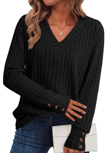 Image of Dokotoo Womens Tops V Neck Lightweight Sweater Fall Long Sleeve Top 2026 | Decorative Buttons, Soft Breathable Knit Material, Pullover Tunic Tops, Business Casual, Fall Outfits, Winter Clothing 2026