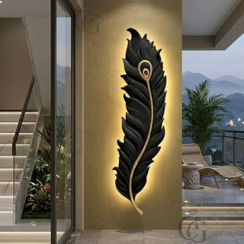 Image of Designer Krishna Peacock 650mm Feather 3-Color LED Wall Sconce|Decorative Mor Pankh Wall Light for Living Room, Bedroom, Hallway & Home Decor|Black