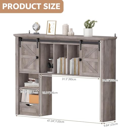 Image of Large Desktop Bookshelf with Sliding Barn Door, 47.2''W Desk Shelf Display Rack, Desktop Organizer Storage Rack with 7 Cubbies and Drawer, Home, Desk Shelf for Office, Dorm, Vanity, Oak