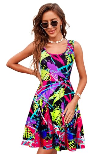 uideazone Women's Sleeveless Scoop Neck Summer Beach Casual Midi A Line Dress