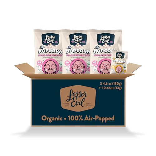 LesserEvil Himalayan Pink Salt and Himalayan Gold Organic Popcorn, Premium Quality, Minimally Processed, 3 4.6oz Bags of Himalayan Pink Popcorn and 1 0.46oz Bag of Himalayan Gold Popcorn
