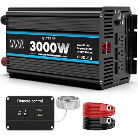 OLTEANP 3000W Power Inverter Pure Sine Wave Inverter 12V DC to 110V AC Car Inverter with USB Ports,3 AC Outlets, LCD Display, Remote Controller for Car, Truck, Home, Vehicles, Boat, Power Outage Cover