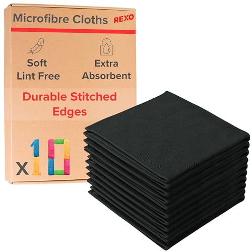 REXO - Paños de limpieza de microfibra de alta calidad, sin pelusas, ultra absorbentes, reutilizables y duraderos, paños multiusos para cocina, coche, ventanas y más (negro, 30 x 30 cm)