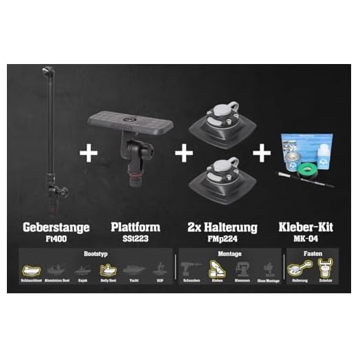 Set: Geberstange + Plattform + 2 x Halterung (164x68mm) + Kleber-Kit Bellyboote, Farbe:schwarz/alu-schwarz