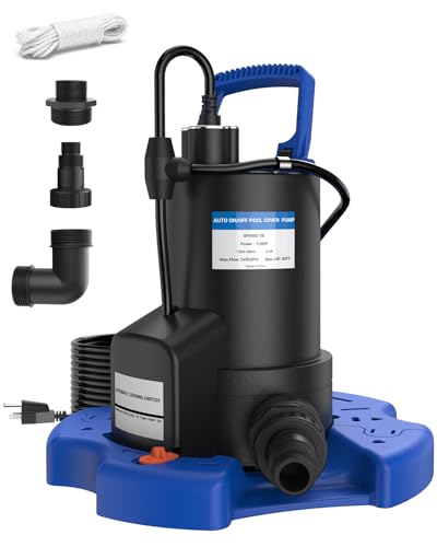 QIOMALA Bomba automática de cubierta de piscina, 1 bomba de agua HP de 3500 GPH sobre el suelo con válvula de retención, 3 adaptadores y cable de alimentación extra largo de 30 pies, bomba
