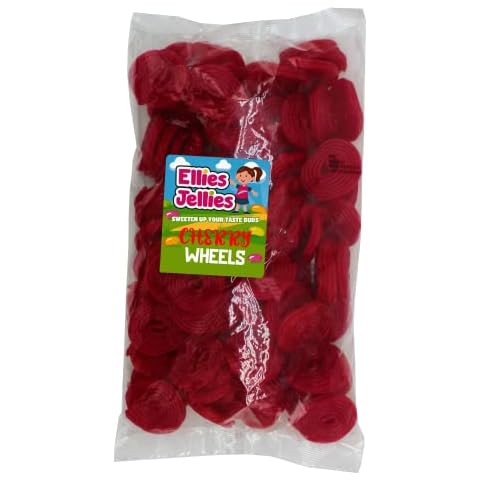 Ellies Jellies, Cherry Wheels,1kg Bag, Cherry Liquorice Flavour, Red Colour Cover