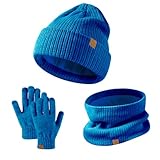 Lavage à la main uniquement GWAWG Lot de 3 bonnets, écharpes et gants d\'hiver chauds en tricot thermique pour enfants de 5 à 12 ans - Moufles tactiles - Doublure en polaire douce - Élastique - Pour enfants de 5 à 12 ans - Sports