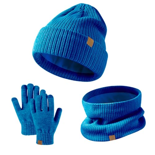 GWAWG Kids Winter Hat Scarf Gloves Set 3 PCS Warm Thermal Knitted Beanie Cap Snood Neck Warmer Touchscreen Mitten Soft Fleece Lining Elastic for Children Aged 5-12 Outdoor Sports (Blue)