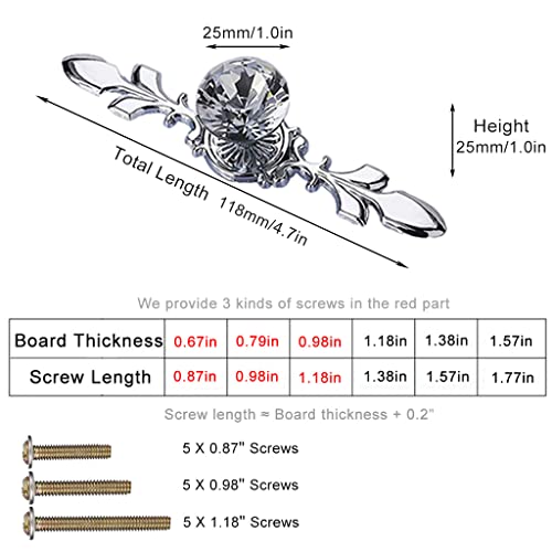 ESreake 5 Pack Silver Diamond Clear Crystal Glass Decorative Knobs with Plate,Drawer Dresser Pulls Handles with 3 Kinds of Screws for Kitchen Bathroom Office Decoration (5 Pack, Small, Silver) - Image 2