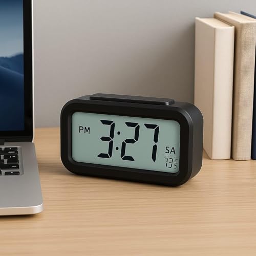 Image of Hiply Digital Alarm Clock with Large LCD Display, Auto Brightness Sensor, Dual Alarm Snooze Function, Date Day Temperature Display - Compact Bedside Table Clock for Bedroom, Office & Travel