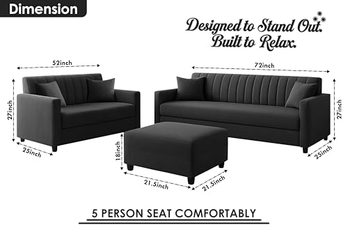Image of 3+2 Fabric Sofa Set with Ottoman for Living Room | Modern Upholstered 5-Seater Couch | Soft Cushion, Premium Velvet Fabric-Black