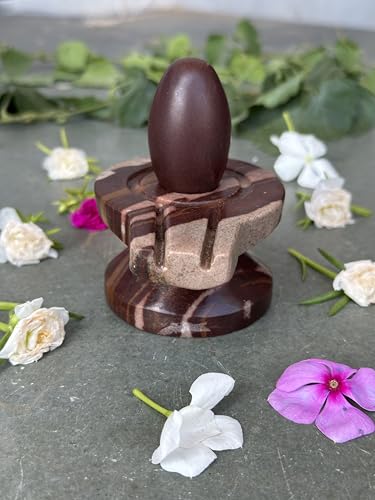 Image of Shivam VASTU AKAL 1.5 inch Original Narmadeshwar Narmada Shivling with 3 inch Narmada Stone Yoni Base Jaladhari (Swayambhu Shivling, Multicolor Damru Jaladhari)