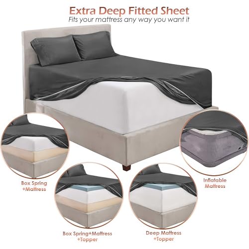 Image of Hearth & Harbor Bed Linen Set - 4Pc King Luxury Sheet Set (Charcoal Stone Gray, Microfiber) - Deep Pocket, Fits Up to 24 inch Mattress, Soft & Breathable | 4 Piece Bed Sheet Set, Ultra Soft & Breathable, Fits Up to 24 inch Mattress, Hotel Luxury