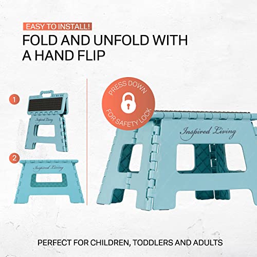Inspired Living 9" Step Stool, Folding Step Stools For Adults, Plastic Foldable Step Stools Kids, Holds Up To 330 Lbs, Collapsible Folding Stool For Kitchen, Bathroom, Bedroom - Blue Robins Egg #TOP3