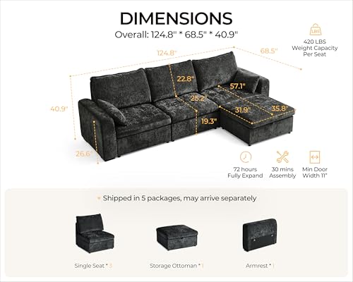 Image of 124.8'' Oversized Modular Sofa Comfy Cloud Couch with Storage Wide L-Shaped Sectional Sofa Set with Chaise for Living Room, Covers Washable, 4-Seater with Ottoman, Chenille, Black