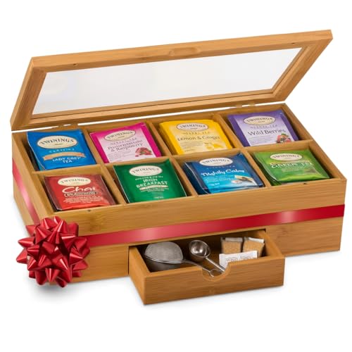 Tea Bag Organizer - Christmas Gift Bamboo Tea Box Organizer Storage Box, Tea Bag Holder with Drawer & Acrylic Window, Magnetic Lid Keeps Tea Bags Fresh - Tea Organizer Caddy (Tea Not Included)