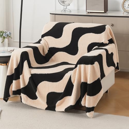 Image of HOKIPO Soft Plush Sofa Throw Cover for 1 Seater Sofa - Luxury All-Season Sofa Cover, 'Noirea Series' Wavy Stripe (180x180 cm) (AR-6651-D3)
