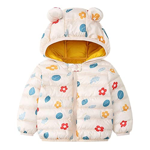 Image of Hopscotch Baby Girls 100% Polyester Floral Print Full-Sleeve Puffer Jacket in Beige Color
