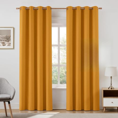 Image of HOMEIDEAS 100% Blackout Mustard Yellow Linen Curtains 52W x 84L 2 Panels