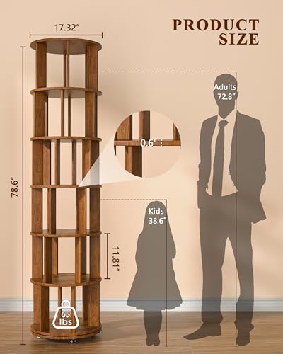 Image of IUNVR 6 Tier Rotating Bookshelf Tower Spinning Bookshelf with Swivel Wheels Book Shelf Rotating Storage Tower for Kids Adult, Narrow Solid Wood Revolving Bookcase Organizer for Bedroom Living Room