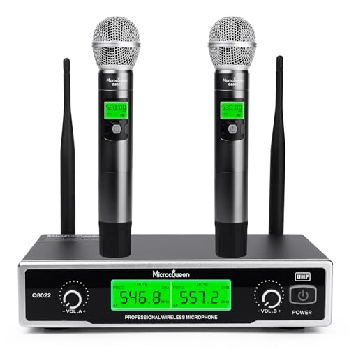 MicrocQueen Wireless Microphone System, UHF Cordless Mic Set with 2 Metal Handheld Mics, 530–580MHz, Long Range Dual Channel, for Karaoke, Church, Wedding, Party, DJ, PA System, Stage, Concer