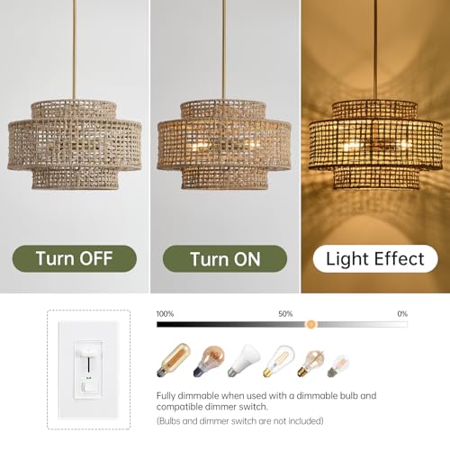 Image of 17.7 inch Boho Rattan Chandelier Light Fixture 4-Light Hand Woven Rustic Chandeliers with Wicker Shade, Farmhouse Chandelier Hanging Light for Dining Room Kitchen Island, Living Room, Foyer