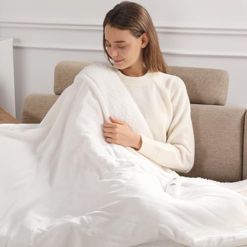 Electric Throw Blanket Heated Throw Blanket 50x60- Ultra Soft Flannel & Sherpa Fleece Heated Blanket Washable Overheated Protection Lap Heated Blanket for Couch Birthday Gift for Grandma (White)