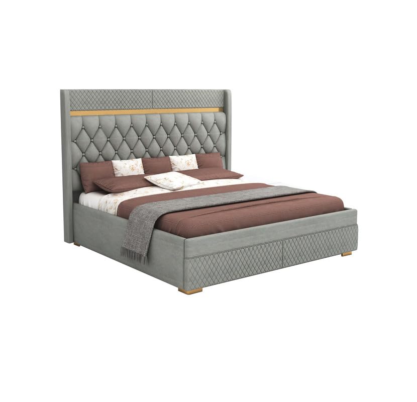 Image of MAMTA DECORATION Solid Wood Queen Size Bed with Hydraulic Box Storage | Premium Velvet Upholstered Tufted Headboard Double Bed | Wooden Cot Bed for Bedroom, Home, Hotel & Guest Room | Grey Finish
