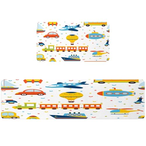 Alfombrillas de cocina lavables y absorbentes para pasillo con trenes 2