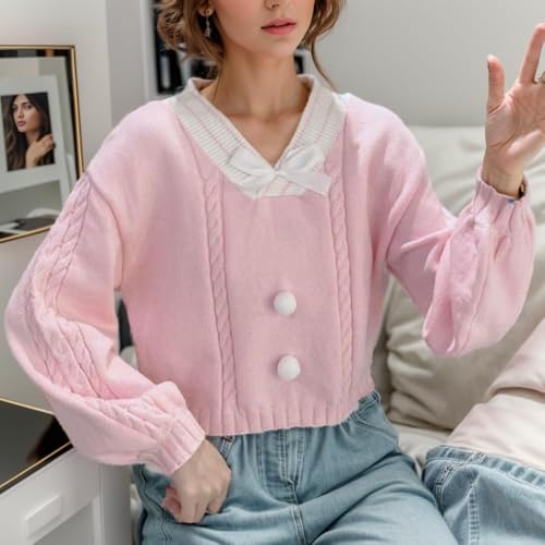 FindThy Women's Y2K Pullover Sweater Sweet Lantern Sleeve Bowtie Knit Crop Jumper Tops2