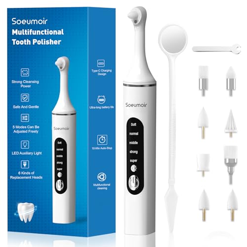 Tooth Polisher Rechargeable Tooth Whitening Kit for Teeth Cleaning and Whitening with 8 Brush Heads LED Light 5 Speed Modes Dental Polisher Personal Dental Care Kit for Home Use and Travel