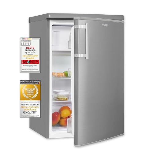 Exquisit® Frigorifico Table Top, 109L, Clase D, Material Acero Inox, Estantes de Cristal, Puerta Reversible, Cajón Verdulero, Altura Regulable, Consumo 111 kWh/año, Medidas 85,5x55x57 Cm.