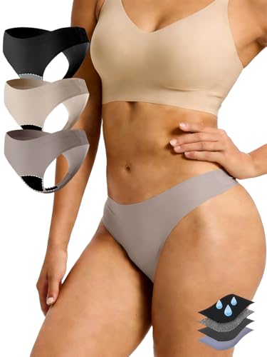 Image of Seamless Thong Period Underwear for Women Teens Light Flow Moisture Wicking Side Leak Prevention Panties 3 Pack