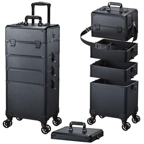 Valise de Maquillage Professionnelle - Mallette à Ongles et Coiffure, Structure Renforcée, 5 en 1 avec roulettes 360°, Serrure et Poignée Téléscopique,...